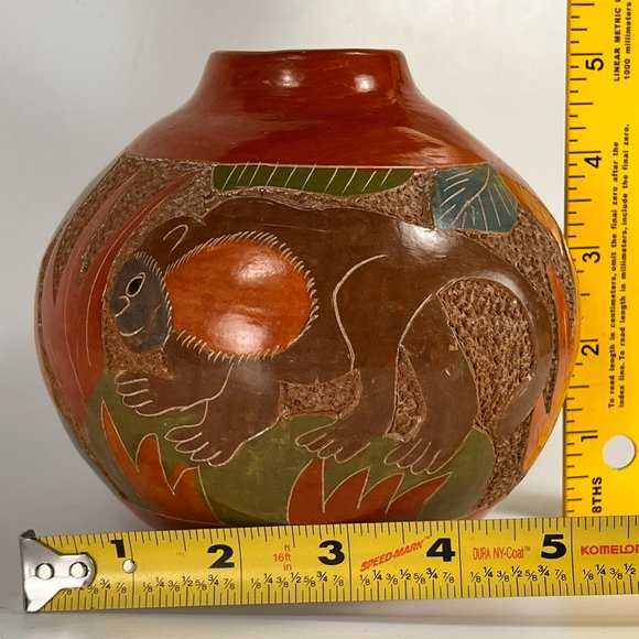 Nicaragua Monkey Vase Clay Pottery Carved Incised Folk Art Rustic 5" - Picture 15 of 16